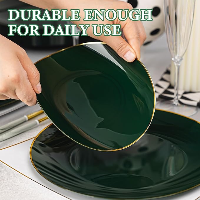 Lullaby 100PCS Green and Gold Plastic Plates, Disposable Green Plastic Plate with Gold Rim, 50PCS Dessert Plates 7" and 50PCS Dinner Plates 10", Perfect for Party Wedding and Daily Use