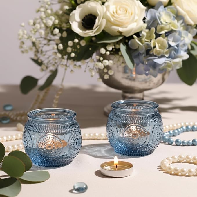 12 Pcs Blue Votive Candle Holders for Bridal Shower Decorations- Floral Style Dusty Blue Candle Holder for Wedding Table Centerpieces, Baby Shower Decor