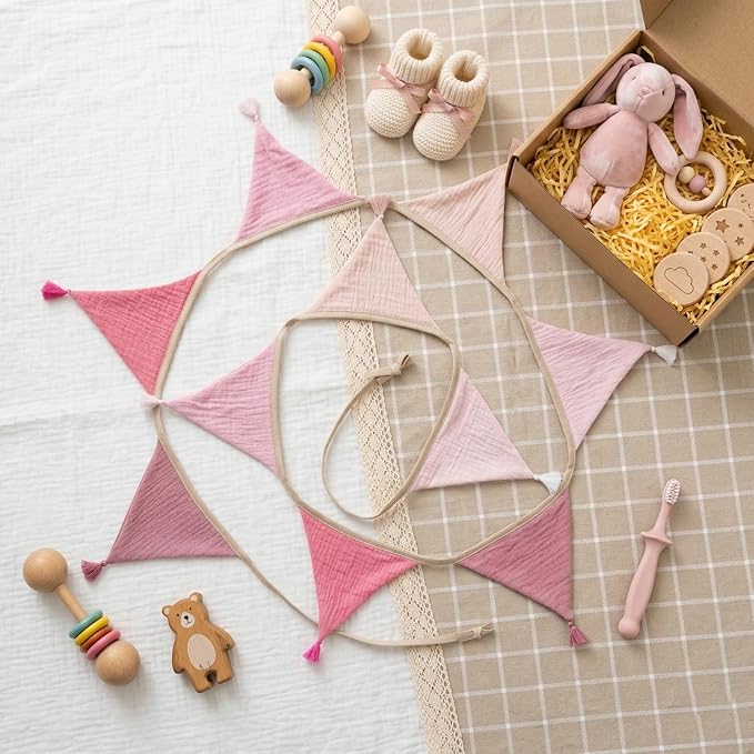 Fabric Bunting Banner, 2 Pack Handmade Neutral String Banner with Tassel Each 8.5 ft 10 Flags Nursery Wall Hanging Wedding Birthday Home Baby Shower Party Decoration Bunting (Pink 2 Packs)