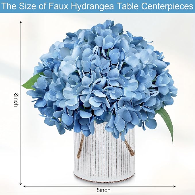 Set of 6 Artificial Flower Table Centerpieces - Dusty Blue Fake Hydrangeas Floral Arrangement with Rustic Metal Vase for Baby Bridal Shower Birthday Party Event Decorations