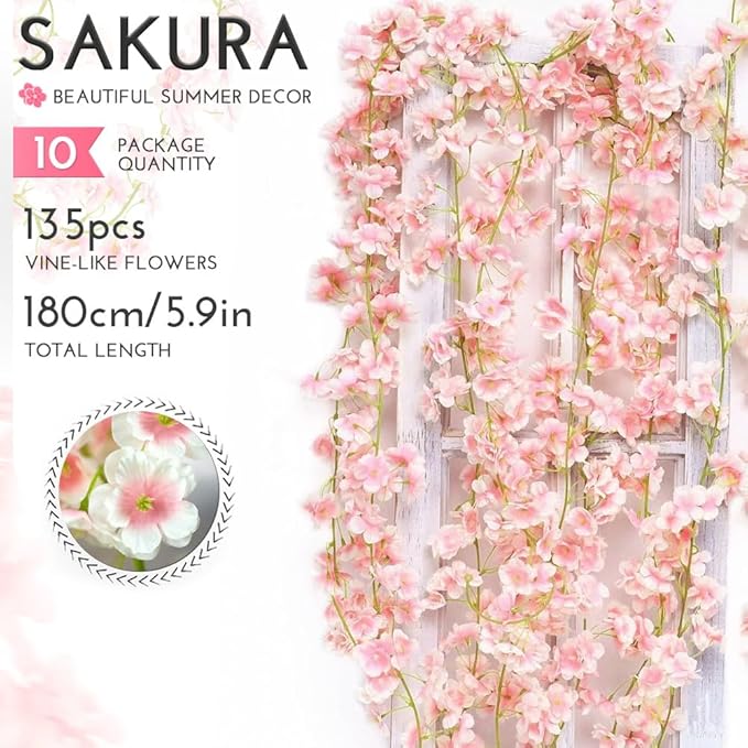 YRIOWMI 10PCS 59FT Artificial Silk Cherry Blossom Garland, Hanging Sakura Flower Vines for Wedding Party Home Arch Office Sakura Decor (Light Pink)