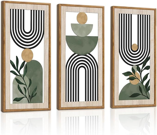 HPNIUB 3 PCS Boho Sage Green Wall Decor, Minimalist Mid Century Geometric Line Hanging Wood Sign for Living Room, 8x16Inch Modern Botanical Leaf Wooden Plaque for Apartment Bedroom Office Decoration