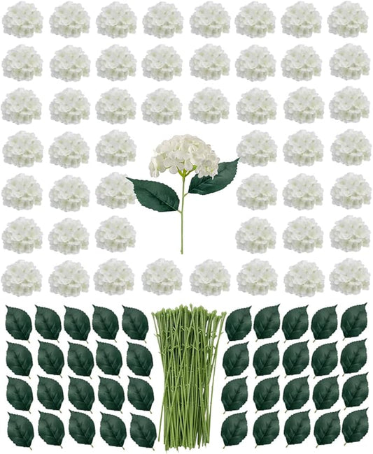 Artificial White Hydrangea Flowers with Leaves, 50 Pack, 6 Inch Silk Flower Heads, DIY Mother's Day Wedding Decor Set with 100 Leaves, 50 Stems