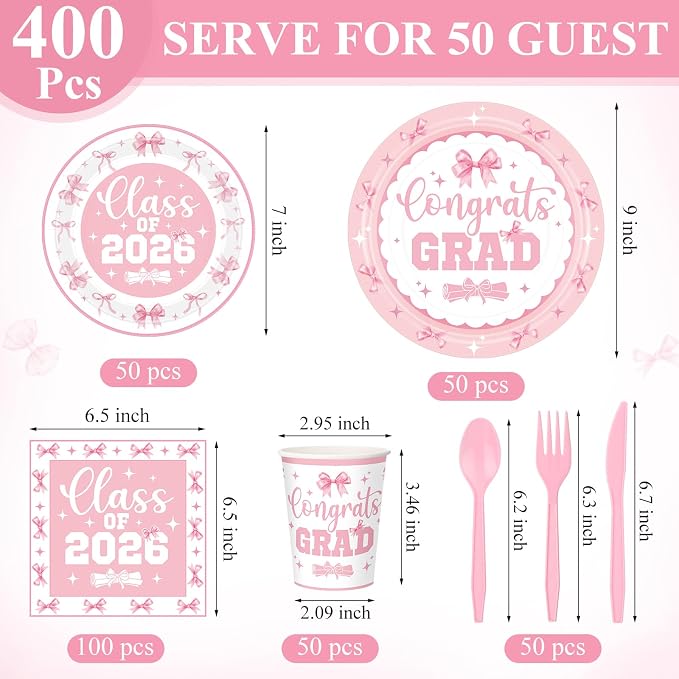 Funnymoom 400 Pcs Pink Bow Graduation Party Supplies, Coquette 2026 Congrats Grad Paper Plates and Napkins Cups Set with Spoons Forks Knives, Class of 2026 Tableware Set for Grad Party Decorations