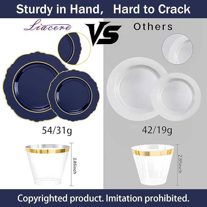 Liacere 350PCS Navy Blue Plastic Plates-Disposable Blue Gold Plates 50guest Plastic Dinnerware include 100Plates,50Pack Pre Rolled Napkins with Silverware 50Cups for Graduation & Memorial Day