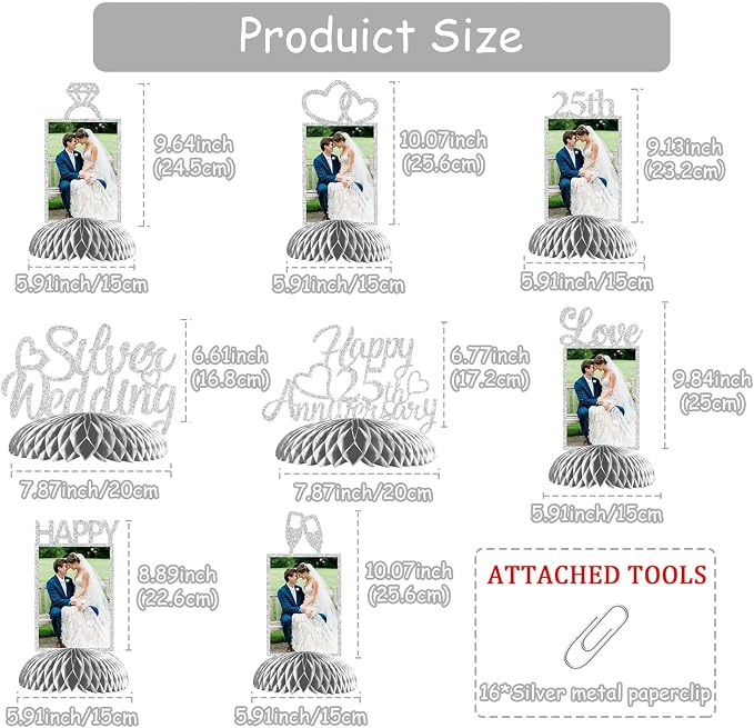 25th Wedding Anniversary Decorations, 25th Silver Wedding Photo Table Centerpieces Happy 25 Anniversary Table Toppers Honeycomb Decorations We Still do 25 Years Cheers to 25 Years Supplies