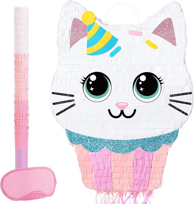 WERNNSAI Cupcake Piñata - Cat Party Decorations Cupcake Cat piñata with Blindfold and Stick for Kids Sweet Birthday Decorations Candy Land Party Baby Shower Celebration Carnival Supplies