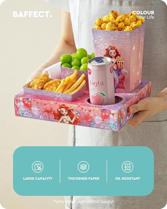 Baffect Movie Night Snack Trays 120 PCS, Include 20 Mermaid Party Snack Trays, 20 Popcorn Boxes, 20 Salad Bowls, 20 Nacho Bowls, 20 Invitations & 20 Party Favors (Pink)