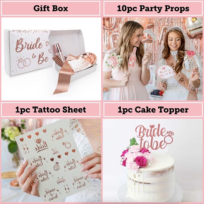Bachelorette Party Decorations Kit, Rose Gold Bridal Shower, Bride Balloons, Banner, Sash, Tiara & Veil, Fringe Curtain, Mimosa Bar, Plates Cups Napkins for 25 Guests