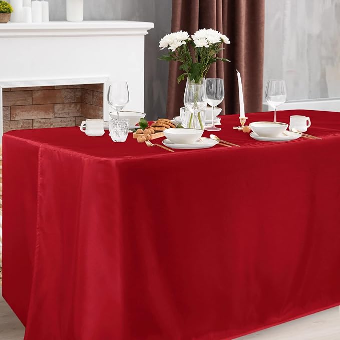 Obstal 2 Pack 8FT RedTable Cloths for Standard Folding Tables - Water Resistant Washable Fabric Polyester Rectangle Table Cover Protector for Wedding, Banquet and Trade Shows, 96L x 30W Inches