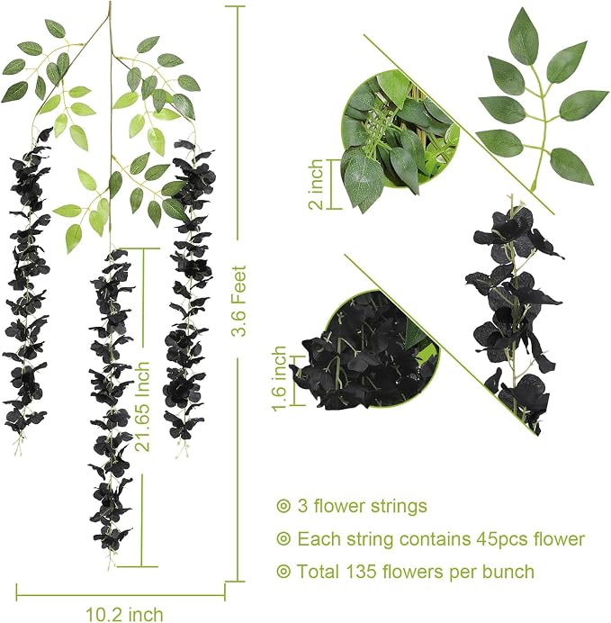 U'Artlines 24 Pack (Total 86.4 Feet) Artificial Fake Wisteria Vine Rattan Hanging Garland Silk Flowers String Home Party Wedding Decor (24, Black)