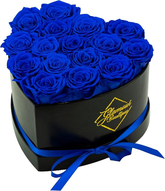 GLAMOUR BOUTIQUE 16 Flower Forever Heart Shape Box, Mothers Day Gift For Mom, Eternal Preserved Roses Gift for Her, Flowers bouquet, For Birthday, Anniversary, Girlfriend - Blue (Color-Treated)