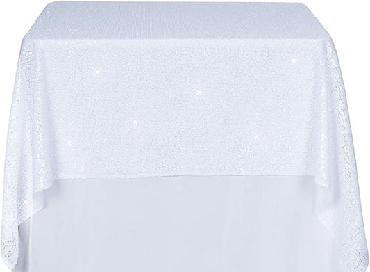 PartyDelight White Sequin Tablecloth Overlay 50 X 50 Inch for Wedding Party Birthday Bridal Baby Shower and Other Events Decorations