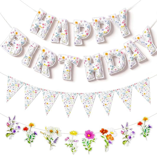 Tegeme 3 Pcs Flower Birthday Banner Felt Happy Birthday Banner Pre-strung 3D Wildflower Party Decorations Floral Party Decorations for Girls Women Garden Decor