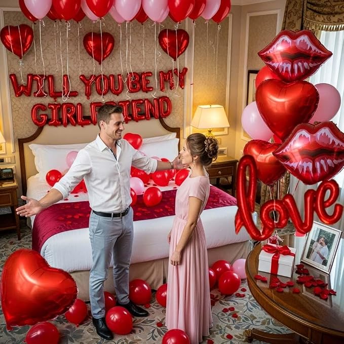 Red 'WILL YOU BE MY GIRLFRIEND' Confession Letter Balloons with red and pink balloons,Heart-Shape, lips, love Foil Balloons and Rose Petals for Romantic Special Night Decorations and Valentines Day