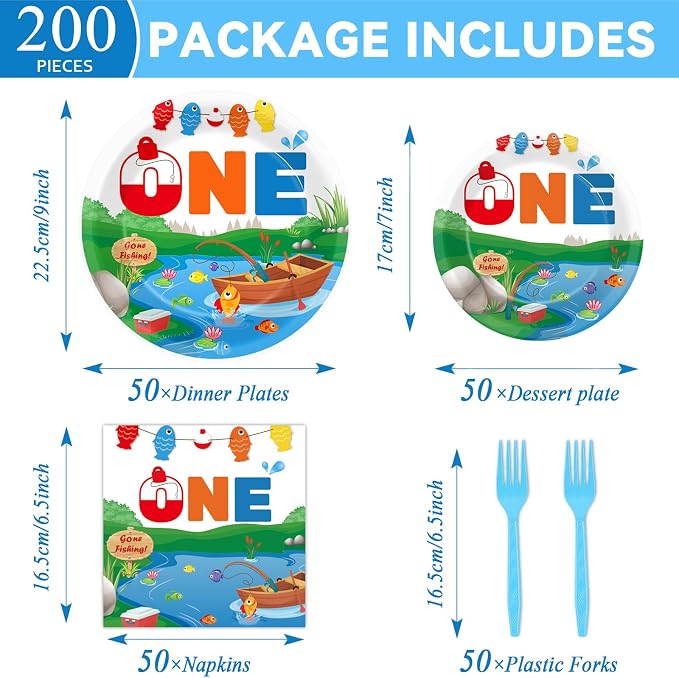 50 GuestsGone Fishing Plates and Napkins Party Supplies Ofishally One Birthday Party Decorations Disposable Tableware Set The Big One Dinnerware Favor for Kids Boys Girls, 200PCS