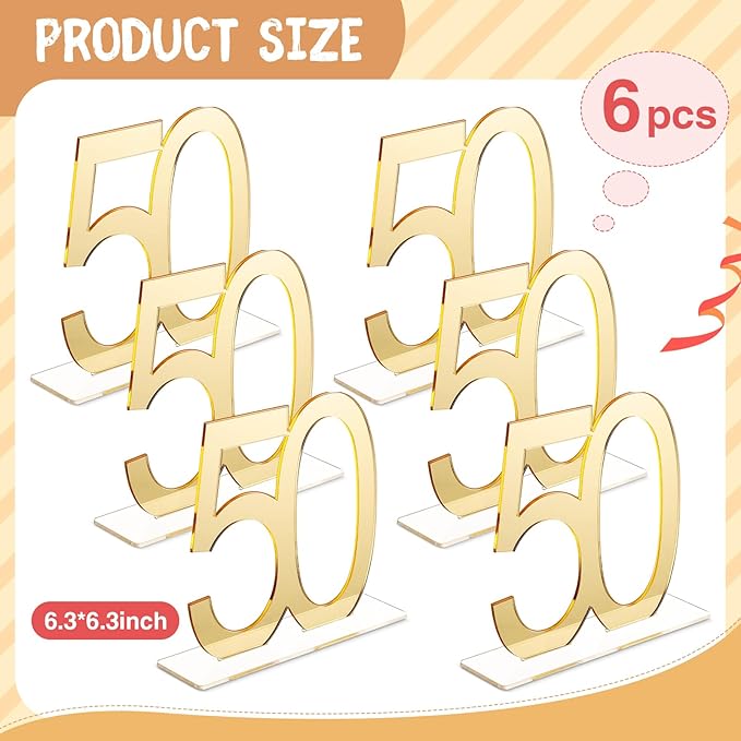 Threehoney 6 Pcs Mirror Gold 50th Birthday Decorations for Men and Women Acrylic Anniversary Decorations Table Numbers Centerpieces for Birthday Party