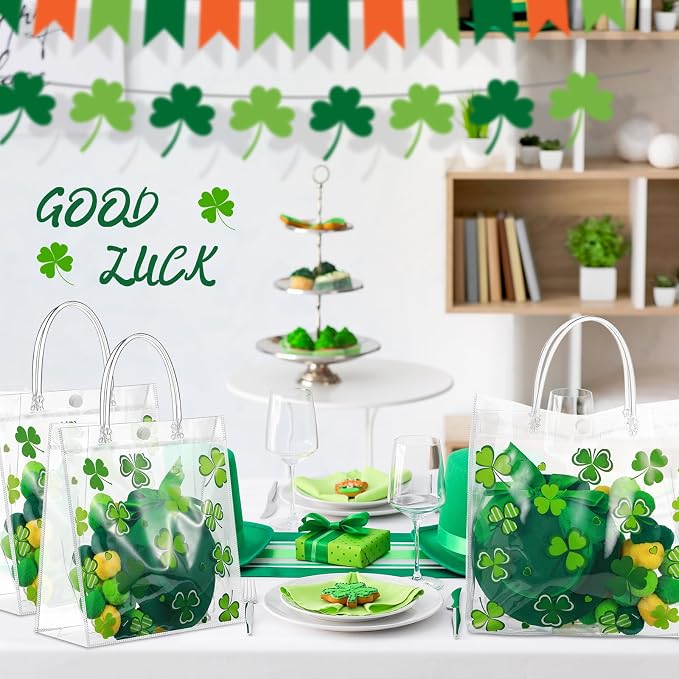 Hosuly 24 Pcs St. Patrick's Day Clear PVC Gift Bags with Handle Button Reusable Lucky Shamrock Candy Treat Goodie Bags for St. Patrick's Day Irish Theme Party Favors Supplies