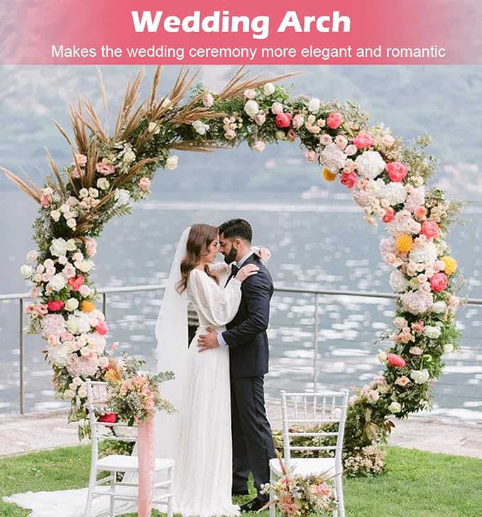 Queension Large Wedding Arch for Ceremony 7 Ft, Metal Balloon Arches Backdrop Stand with Metal Base for Party Supplies, Outdoor Garden Trellis with Water Bag for Climbing Plant, Round Frame, Gold