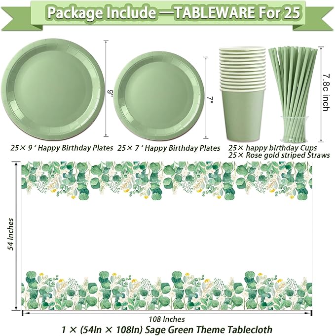 Guudmua 222 Pcs Sage Green Happy Birthday Decorations, Birthday Decorations for Women or Girl Kit- Disposable Dinnerware Set with 25 Guest, Balloons, Sash, Tiara, Banner, Paper Pom Poms