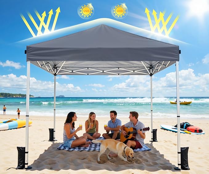 10x10 Pop Up Canopy Tent, Shade Canopy with Carry Bag, Center Lock One Push, 3 Adjustable Height, Outdoor Canopy Tents for Parties, Events & Camping - Dark Gray