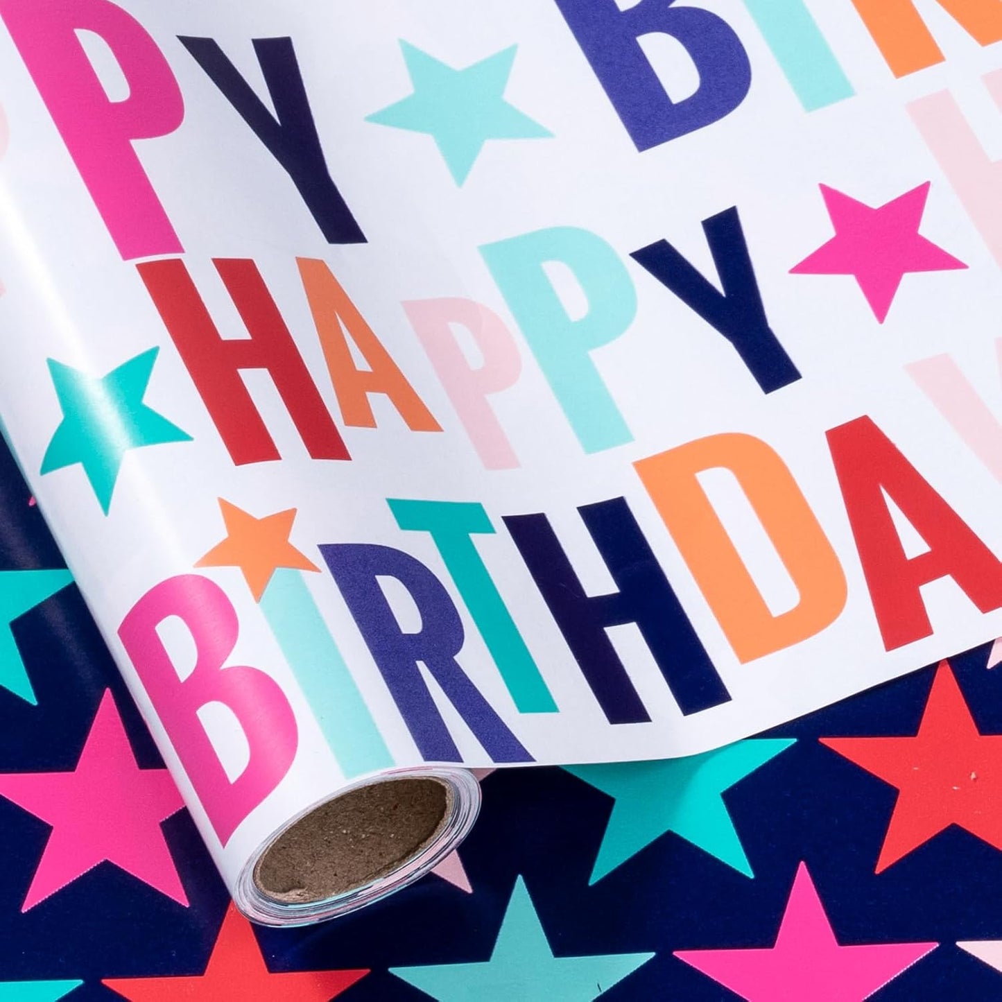 LeZakaa Reversible Stars Birthday Wrapping Paper Roll, Happy Birthday Lettering & Colorful Star, for Boys Girls, Mini Roll, 17 inches x 32.8 Feet (46.45 sq.ft.)