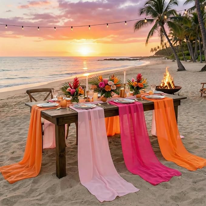 Boao 6 Pcs Red Pink Orange Party Decorations Table Runner Cloth 10Ft Boho Sheer Rustic Fabric Sunset Soiree Party Decorations for Wedding Birthday Baby Bridal Shower Graduation Dawn Sunset Decor
