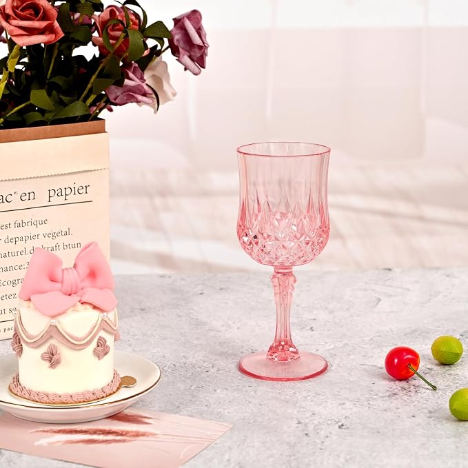 24Pack Pink Plastic Wine Glasses,Vintage Plastic Goblets for Parties, Light Pink Drinking Glasses Crystal Water Goblets Reusable for Wedding Reception, Grand Event Party Supplies