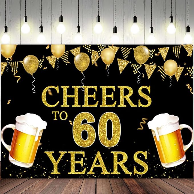 6x4ft 60th Birthday Backdrop Cheers to 60 Years Photography Background Golden Balloon Flag Beer Men Women 60th Birthdays Party Banner Decorations Anniversary Parties Photo Booth Prop