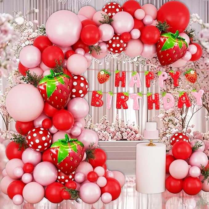 229Pcs Strawberry Birthday Party Decorations,Strawberry Party Supplies Balloon Arch,Strawberry Decor Tableware Set Plates Fork Cups Napkins and Tablecloth