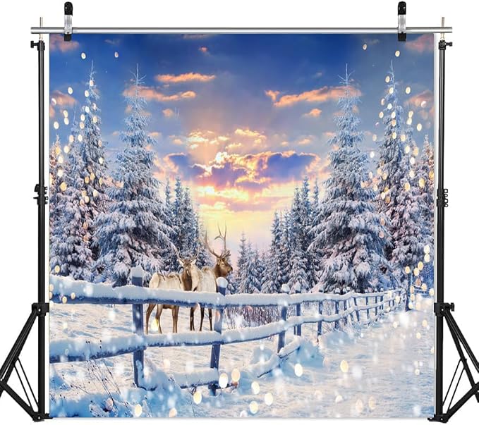 Winter Wonderland Christmas Backdrop 10x10ft for Photography Forest Reindeer Snow Winter Scene Backdrop for Pictures Christmas Party Holiday Background Decorations Photo Booth