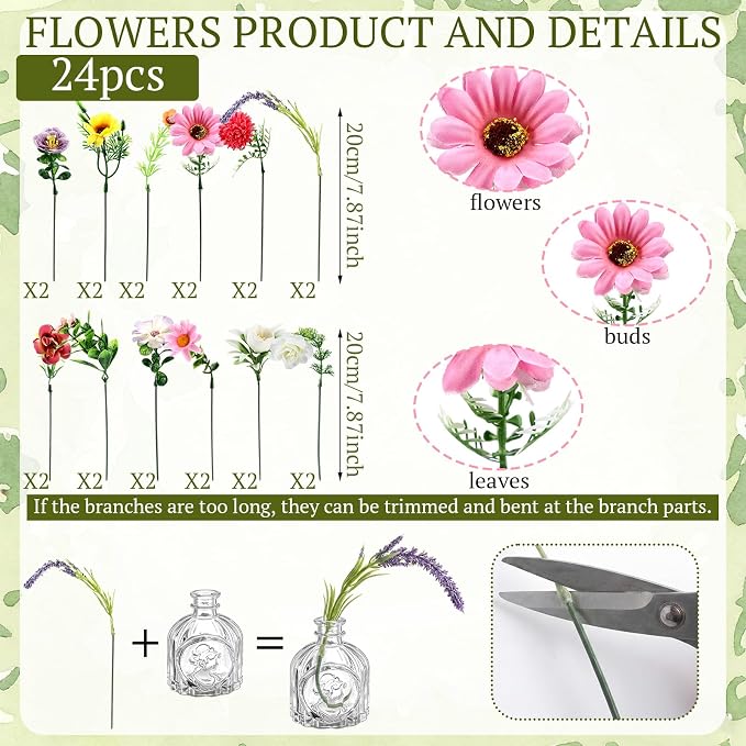 36 Pcs Artificial Flowers Table Centerpiece with Vases Colorful Wildflower Centerpieces Silk Flower Arrangement for Wedding Baby Shower Table Centerpieces Party(Fresh Color,Clear)