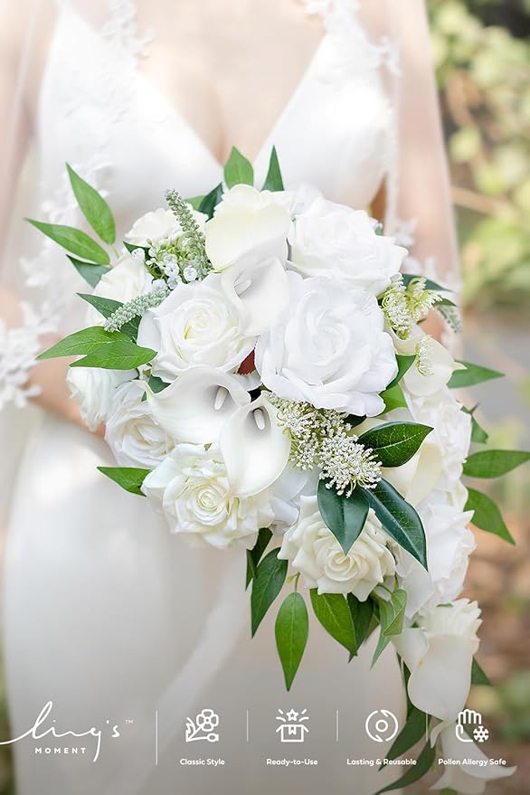 Ling's moment Fake Flowers Box, Faux Artificial Greenery Stems Foam Roses Silk Peony Willow Lily Fabic Flower for Centerpieces Bouquet Wedding Vase Floral Decorations, White & Green, Deluxe Combo