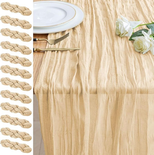 12PCS Table Runner Cheesecloth 10FT Sand Boho Gauze Cheese Cloth Rustic Sheer Table Runners for Wedding Bridal Baby Shower Party Decoration