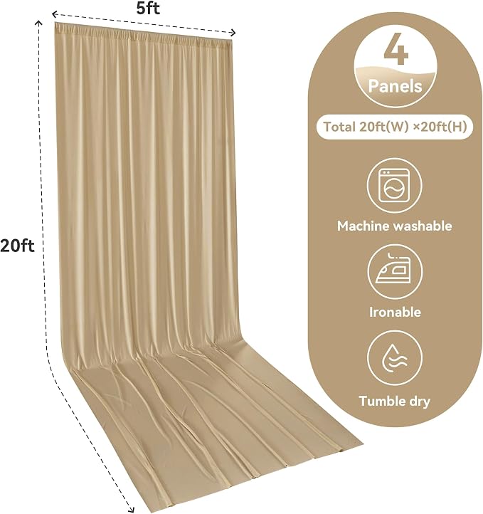 4 Panels 5x20ft Beige Ceiling Drapes for Wedding Parties, Wrinkle Free Thick Polyester 20ft Extra Long Wedding Draping Beige Ceiling Curtains Arch Drapery for Birthday Party Canopy Tent Decor