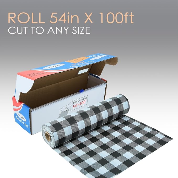 Plastic Tablecloth Roll – 54" x 100' Plastic Tablecloths for Parties Disposable with Cutter Box - Cut to Size Disposable Tablecloth for Rectangle & Round (Gingham-Black)