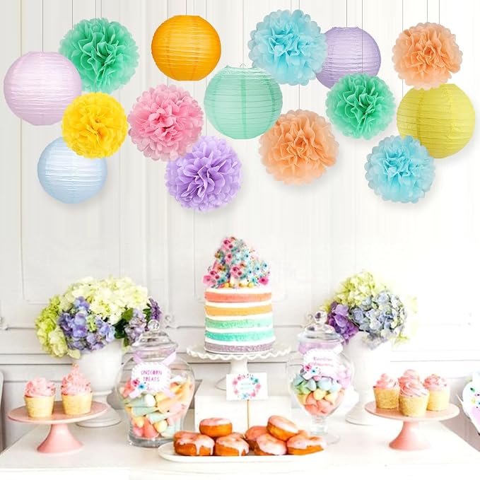 zilue Pastel Party Decorations, Paper Lanterns and Pom Poms Flowers for Birthday Party Baby Shower Easter Decor Pack of 15 Pieces