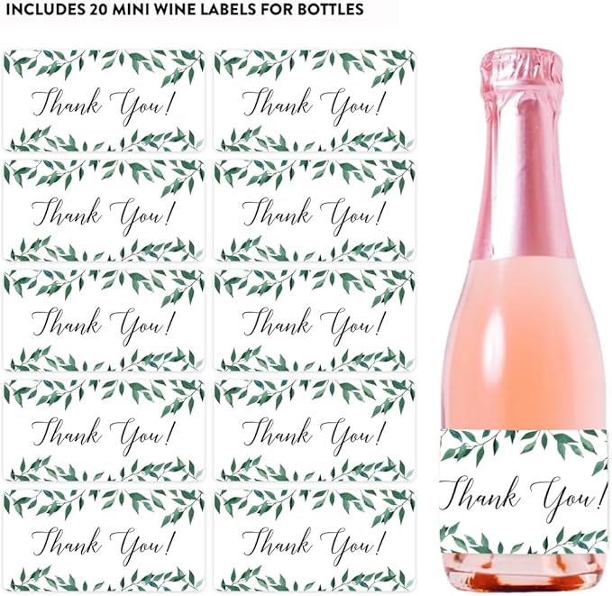 Andaz Press Mini Champagne Wine Bottle Labels, Thank You!, Greenery Green Leaves, 20-Pack, Mini Champagne Favor Gift Labels Baby Shower Bridal Shower Bachelorette Party