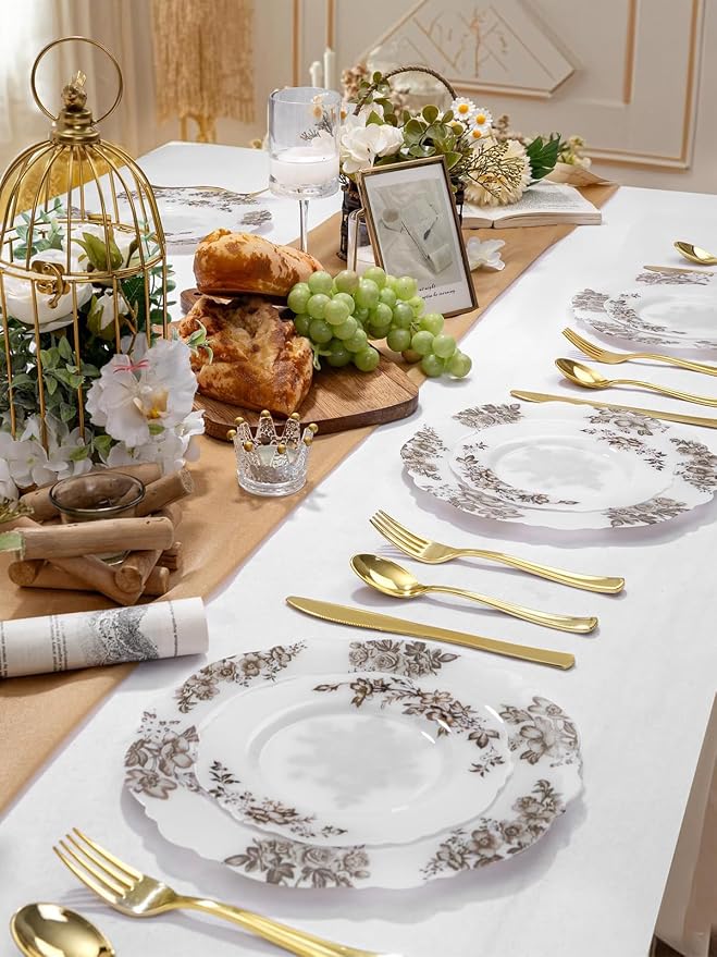 WDF 20PCS Brown Plastic Plates - Baroque White and Brown Floral Plates - Floral Party Decorations for Birthdays/Tea Party/Showers