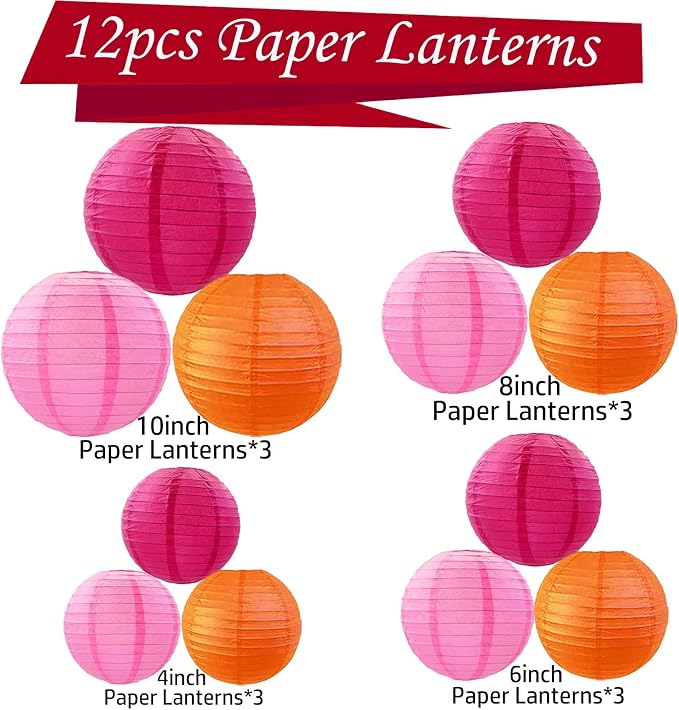 Hot Pink-Orange and Pink Paper Lanterns 12Pcs Hanging Lanterns for Birthday Party, Wedding, Home Decor, Baby Shower Festive Decoration
