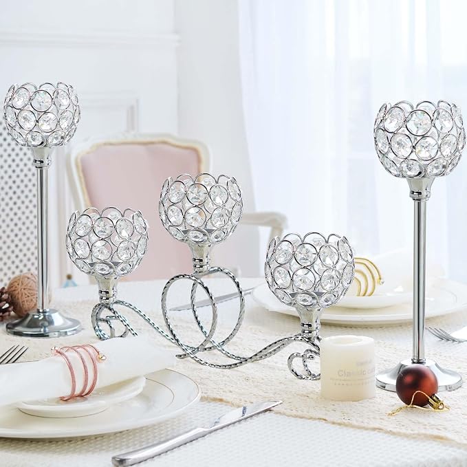 Silver 5 Arm Metal Crystal Tea Light Candle Holder, Elegant Wedding Table Centerpiece Candle Holder, Christmas Wishing Crystal Bowl Candle Holder Suitable for Wedding Party Living Room Decoration