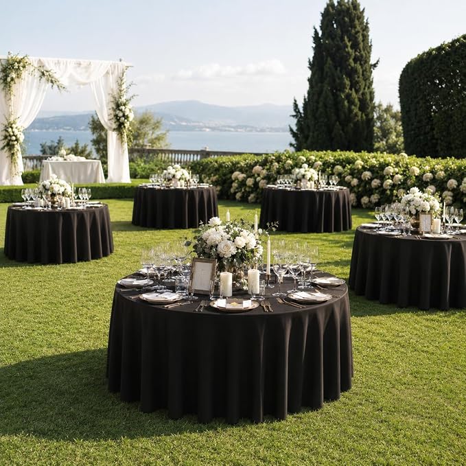 Surmente 132 inch Round Tablecloths -5 Pack Black Round Table Cloths, Polyester Fabric Table Covers for Wedding, Party, Banquet, or Restaurant