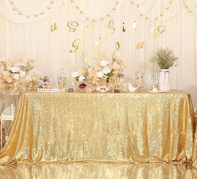 Juya Delight 90" x 132" Bright Gold Sequin Rectangle Tablecloth for Wedding Birthday Party Festival Ceremony Cake Dessert Table