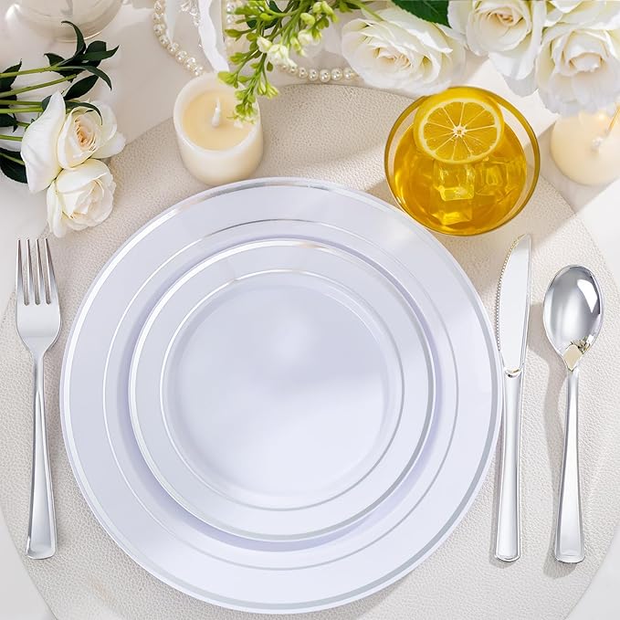 WELLIFE 600 PCS Silver Disposable Dinnerware Set for 100 Guests, Wedding Reception Plates & Silver Plastic Tableware, Dinner & Salad Plates, Cups, Forks, Knives & Spoons for Weddings & Elegant Events