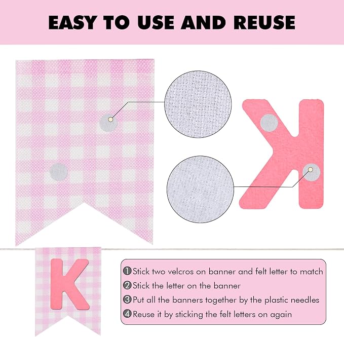 Custom Banner Kit, 28 Pink Printed Burlap Banner with 92 Felt Letters, Make Your Own Diy Customizable Kit for Birthday Wedding Party Decorations