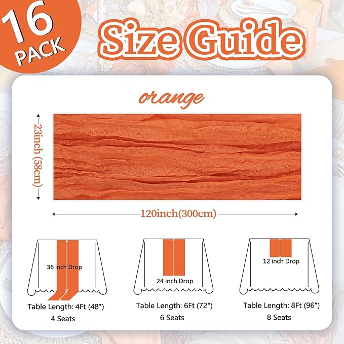 16 Pack Table Runner Orange Cheesecloth 10ft Boho Gauze Fabric 120 Inch Cheese Cloth Table Runner Rustic Sheer for Holiday Baby Shower Party Décor Home Wedding Decoration