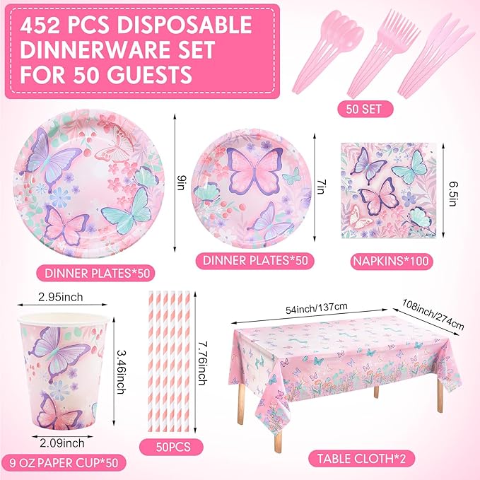 Funnymoom 452 Pcs Butterfly Birthday Party Supplies, Butterfly Floral Disposable Paper Plates Napkins Cups Tablecloth and Cutlery Straws for Ladies Spring Butterfly Birthday Decorations, Serves 50