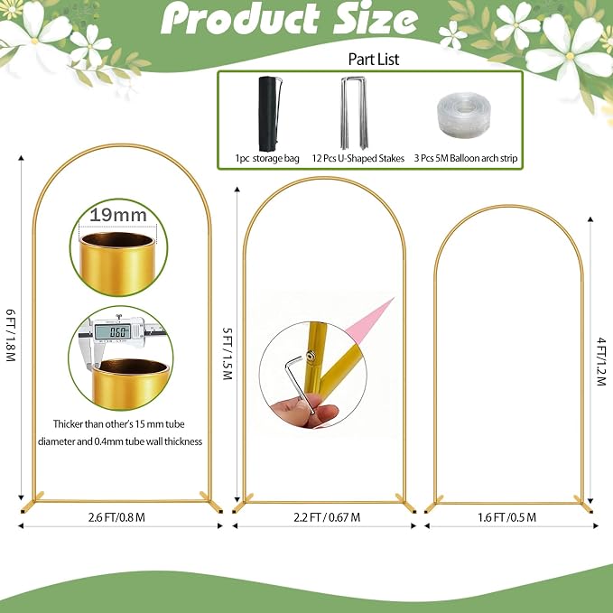 Metal Arch Backdrop Stand Set of 3(6 ft, 5 ft, 4 ft) Party Arch Stands for Valentines Day, Wedding, Birthday, Baby Shower, Bridal Shower,Balloon Arched Frame for Garden Decor, Gold Floral Arches