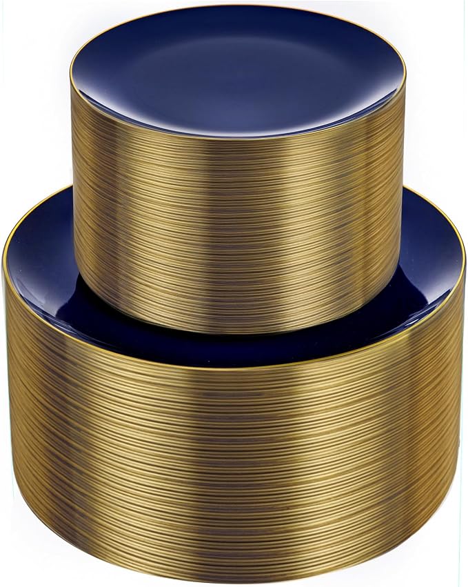 bUCLA 100PCS Blue Plastic Plates - Navy Blue Disposable with Gold Rim, Include 50 Each (10 inch Dinner & 7 inch Dessert) Plates, Ideal for Party & 4th of July