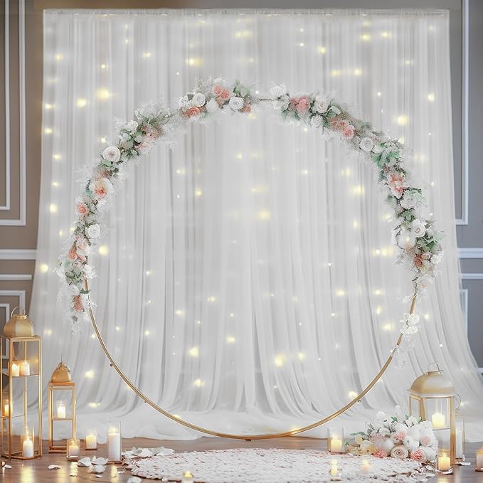 10×10ft White Tulle Backdrop Curtain with Lights String for Parites, Sheer Curtain Backdrop Drapes for Wedding Party Home Decorations
